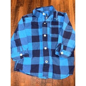 OshKosh Bgosh Boys Blue Buffalo Plaid Button Down Shirt 18 M Cotton Long Slv‎